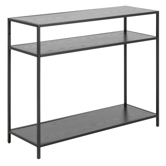 A black console unit with a metal base and two shelves, with a rectangular shape.