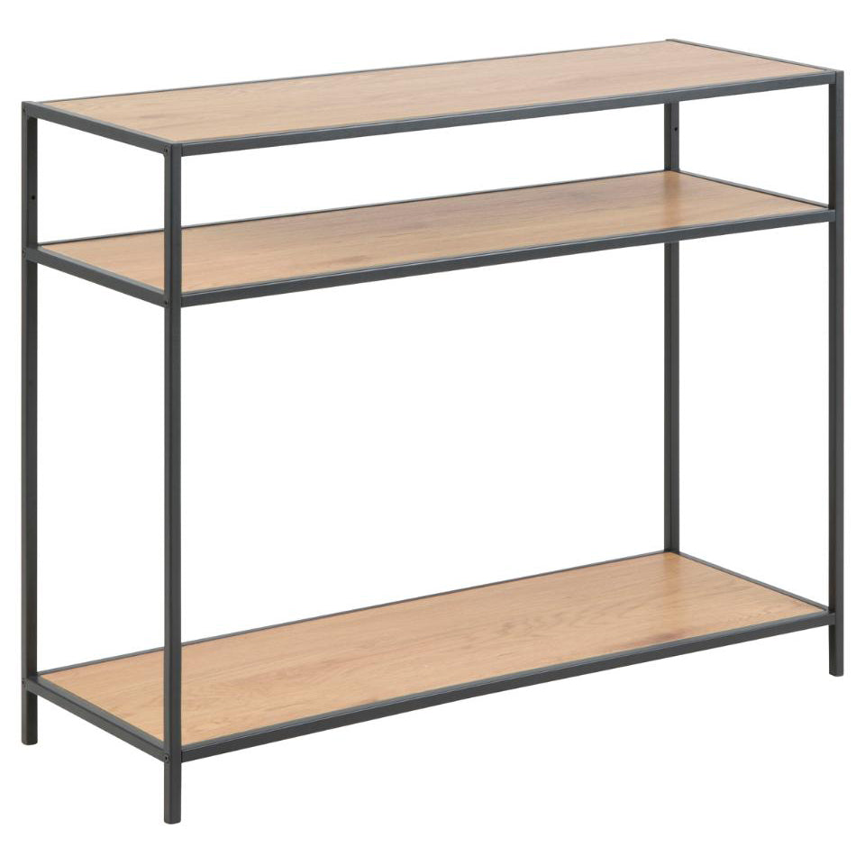 A brown oak Seaford console table with a metal base, featuring one tabletop and two shelves.