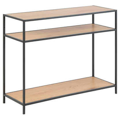 A brown oak Seaford console table with a metal base, featuring one tabletop and two shelves.