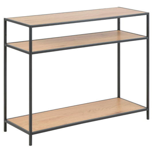 A brown oak Seaford console table with a metal base, featuring one tabletop and two shelves.