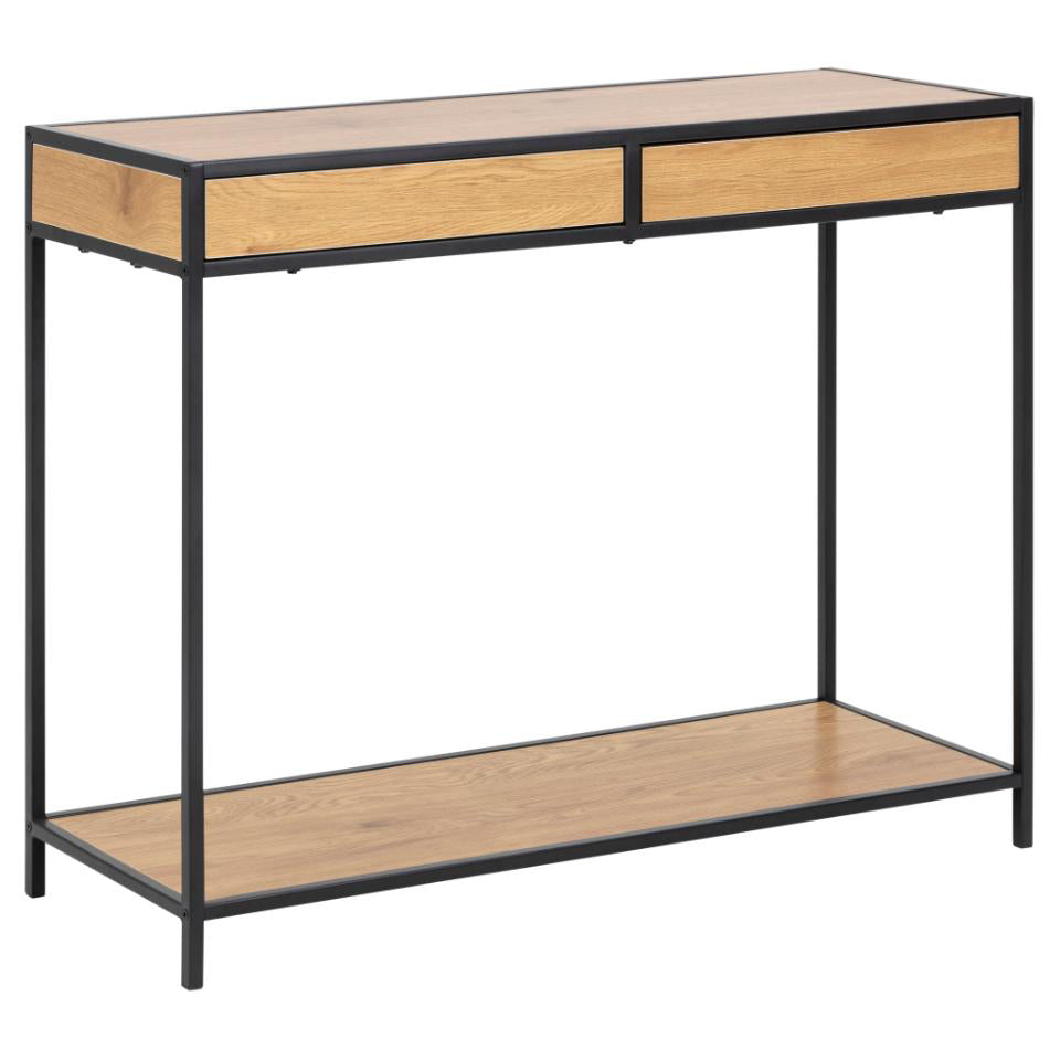 2 Drawer Luxury Seaford Console Table Shelf Storage Unit In Brown Oak 100x35x79cm