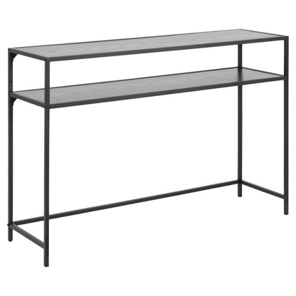 A large black console table with a metal base and melamine tabletop, featuring a shelf for storage, suitable for living areas or hallways.