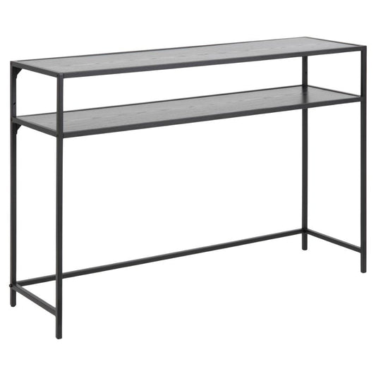 A large black console table with a metal base and melamine tabletop, featuring a shelf for storage, suitable for living areas or hallways.