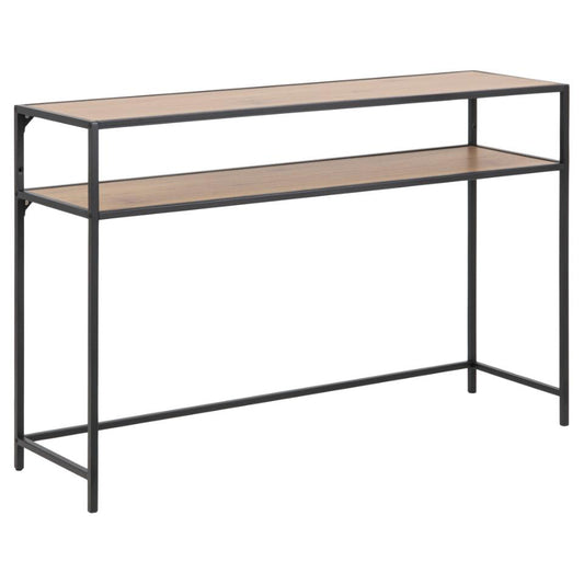 A Seaford console table with a large shelf for storage, featuring a metal base and oak wood tabletop.