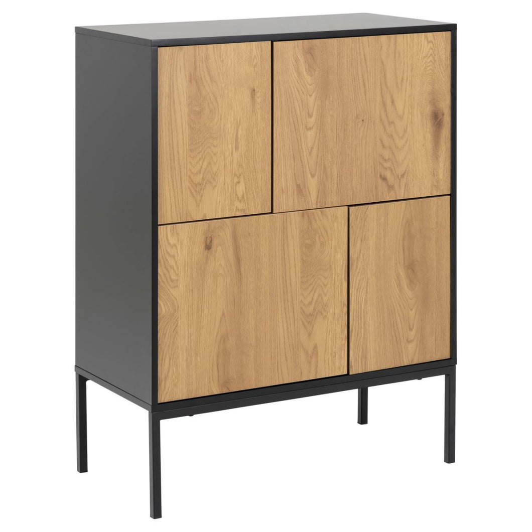 Seaford Oak Sideboard Contemporary Cabinet With Black Top And 4 Doors 80x40x103cm