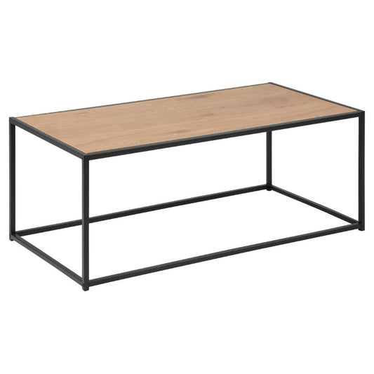 A rectangular coffee table with an oak top and a black metal frame.