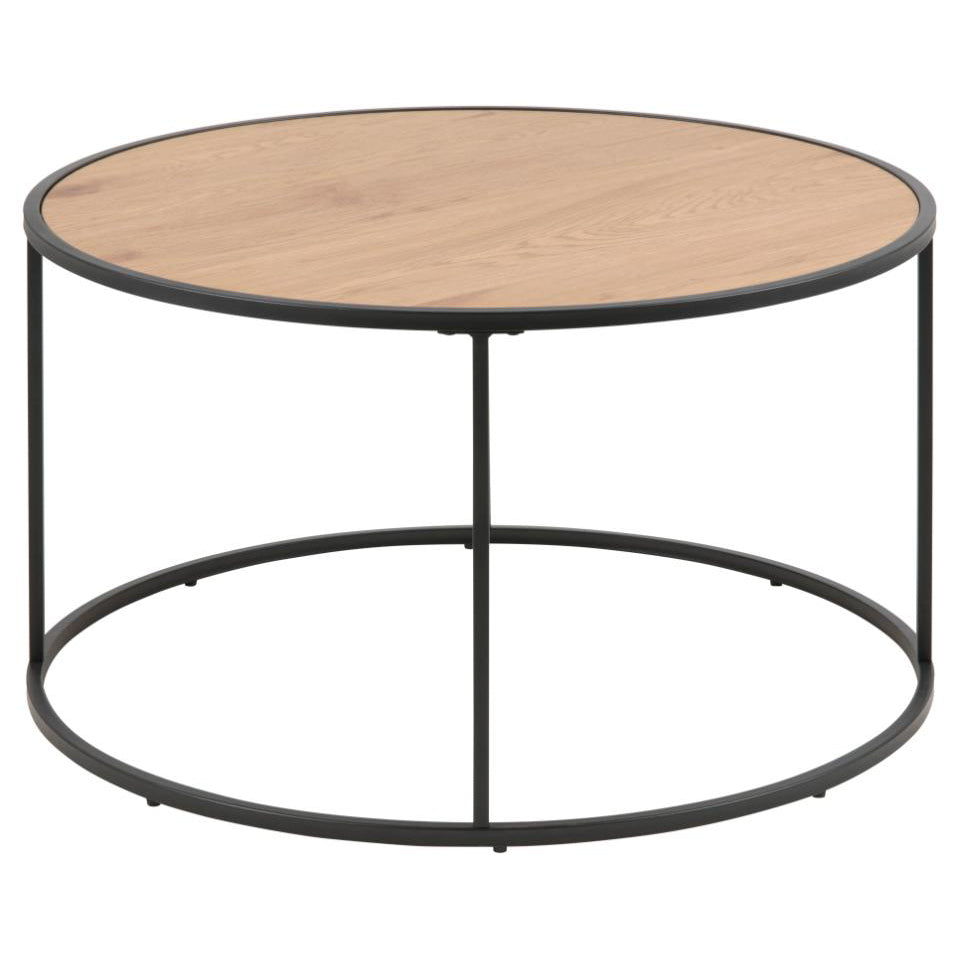 Seaford round coffee table with an oak top and black metal frame by Homestreet