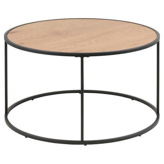 Seaford round coffee table with an oak top and black metal frame by Homestreet