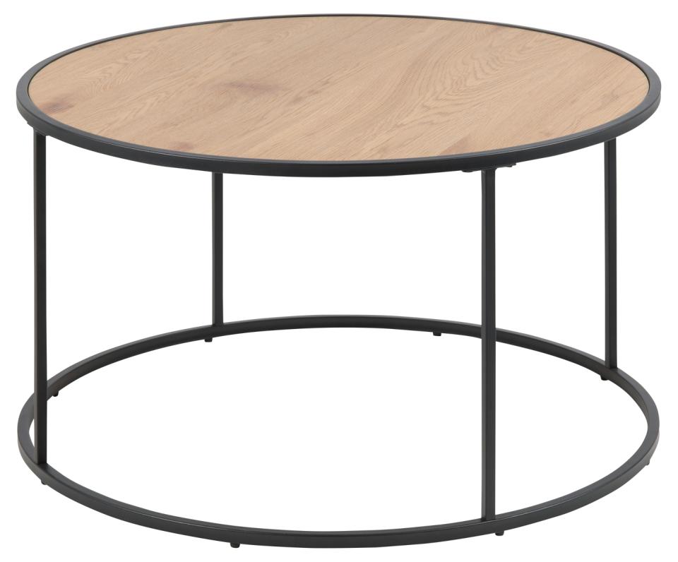 Seaford Round Coffee Table With Oak Top And Black Metal Frame 80cm