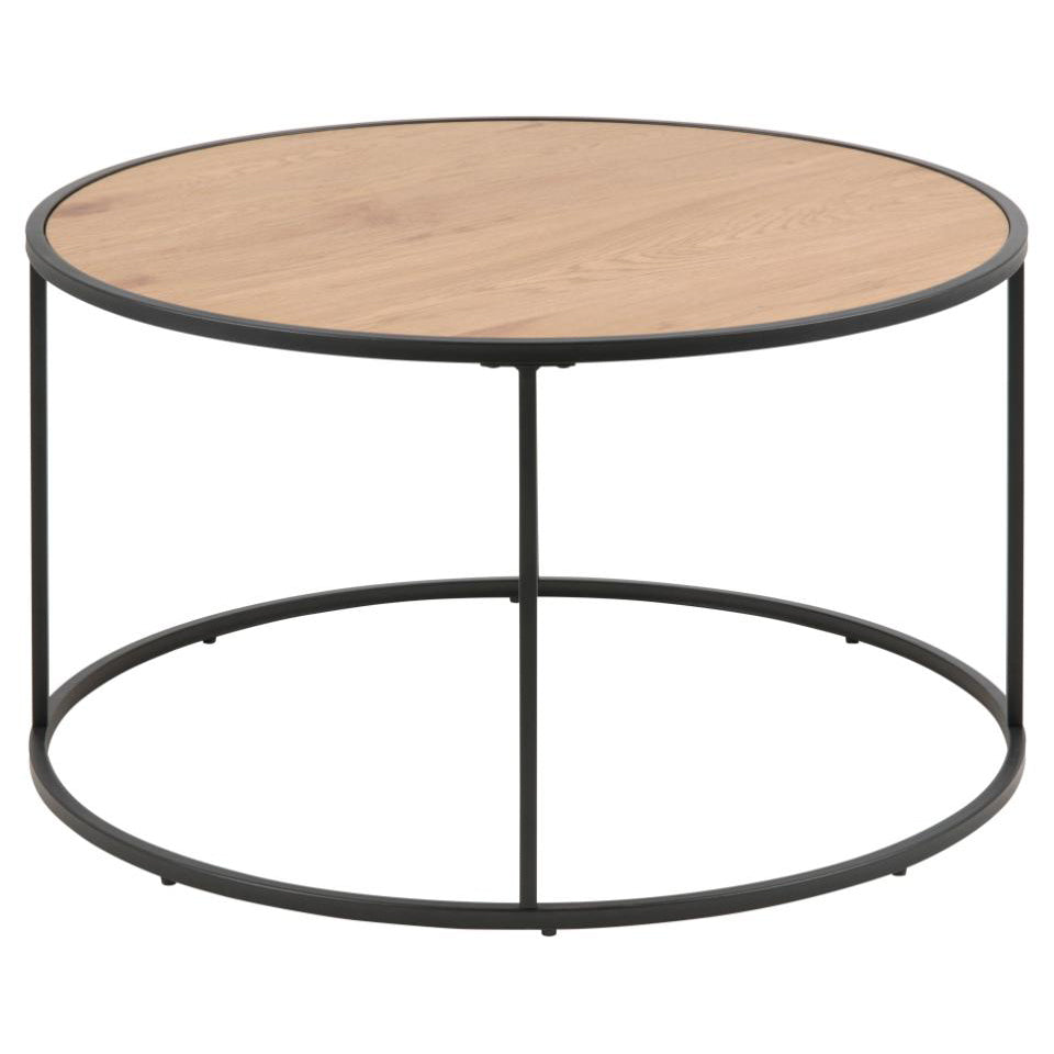 Seaford Round Coffee Table With Oak Top And Black Metal Frame 80cm