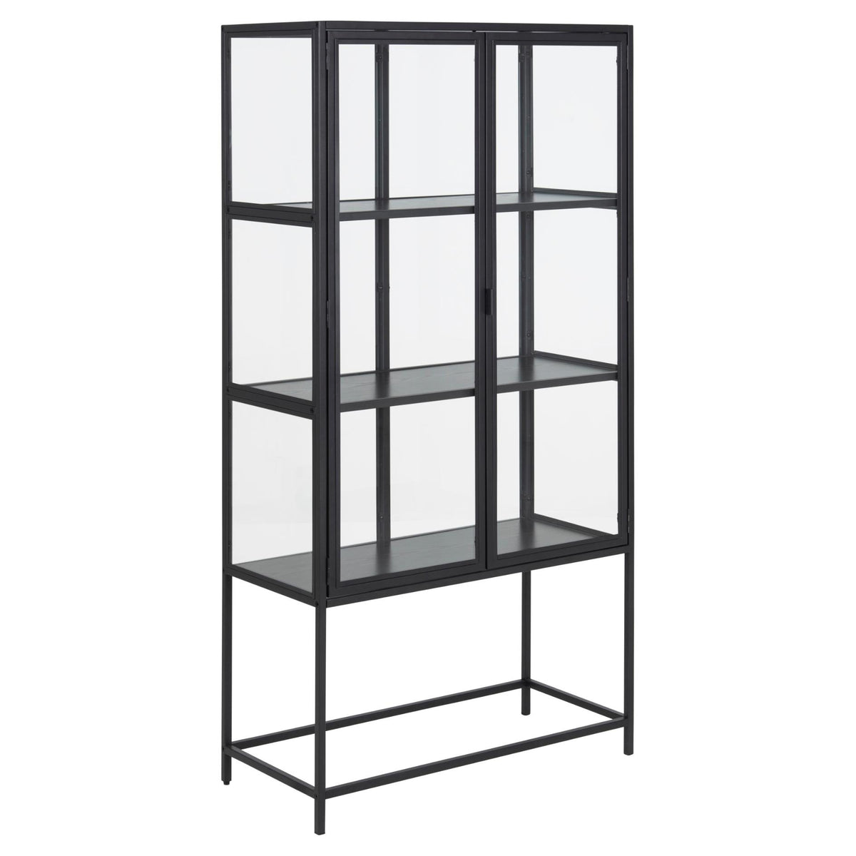 A Seaford display cabinet with a solid metal frame and clear glass doors. The cabinet is tall and has multiple shelves, intended for storing and displaying items.
