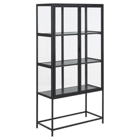 A Seaford display cabinet with a solid metal frame and clear glass doors. The cabinet is tall and has multiple shelves, intended for storing and displaying items.