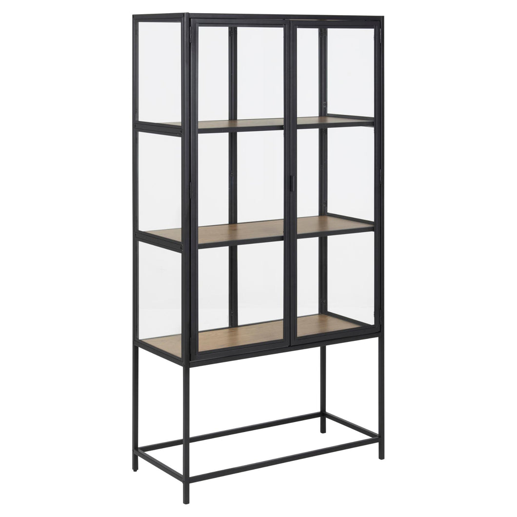Seaford Display Cabinet With Solid Metal Frame Glass Doors And Oak Shelving Tall 77x35x150cm