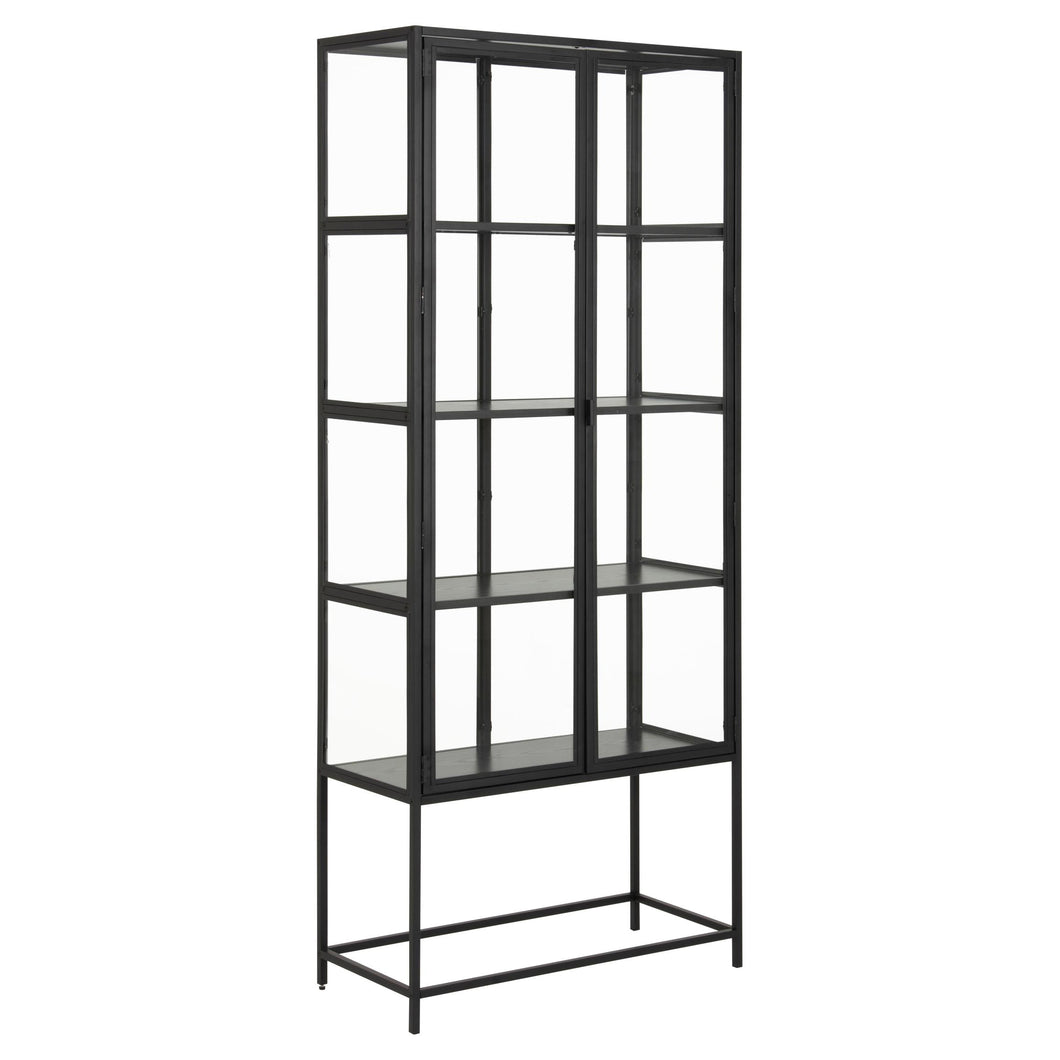 Seaford Display Cabinet With Glass Doors, Black Shelving And A Solid Metal Frame Tall 77x35x186cm