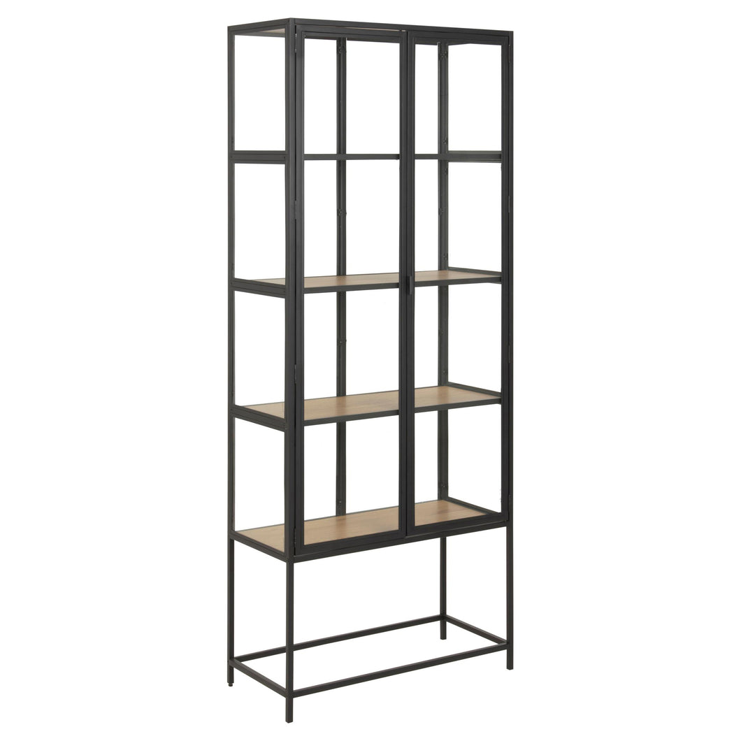 Seaford Display Cabinet With Glass Doors, Oak Shelving And A Solid Metal Frame Tall 77x35x186cm