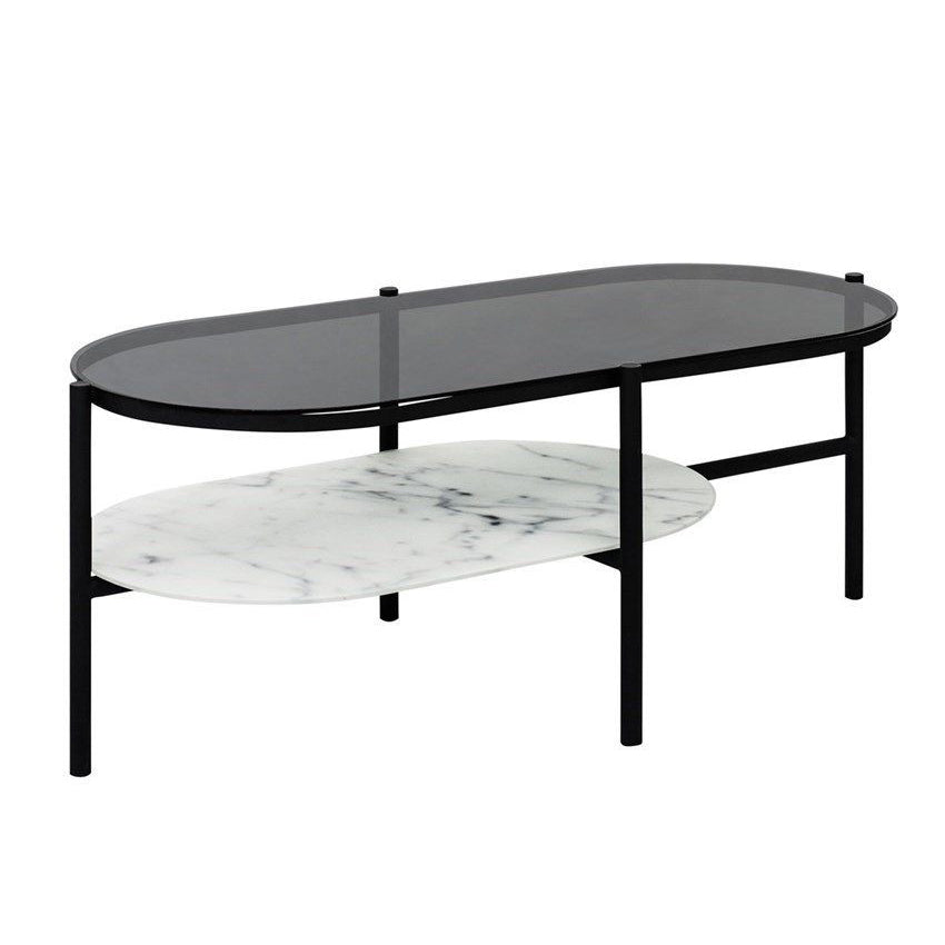 Shildon Designer Coffee Table With Glass Top And Marble Shelf