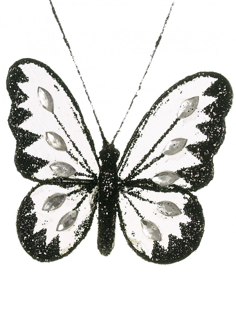 Small Nylon Glitter Diamante Butterfly Decoration With Metal Clip On Reverse In Various Colours 8cm