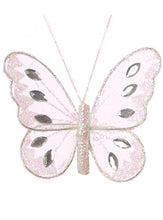 Load image into Gallery viewer, Small Nylon Glitter Diamante Butterfly Decoration With Metal Clip On Reverse In Various Colours 8cm
