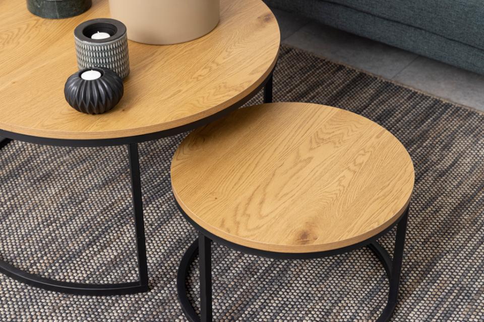 Spiro Coffee Table In Oak Melamine Finish And Metal Base 2pcs 80cm