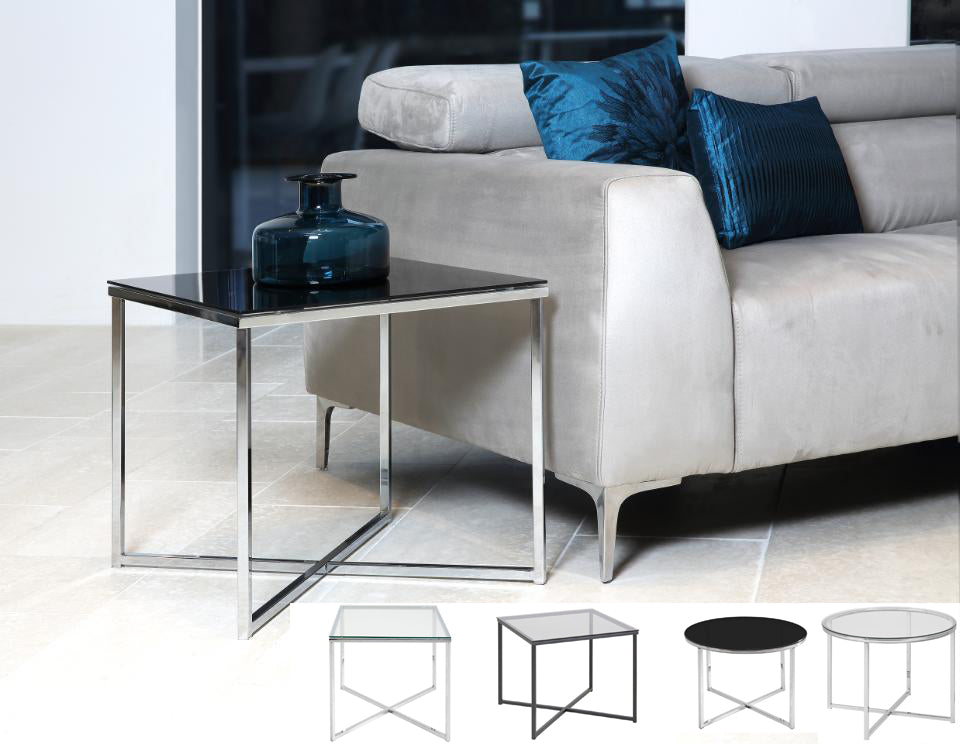 Cross Glass Designer Lamp Or Side Table In Clear, Smoked or Black, Round or Square Shape