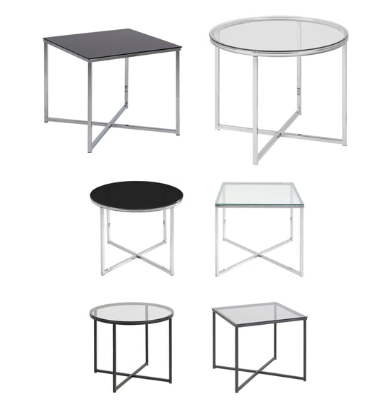 Cross Glass Designer Lamp Or Side Table In Clear, Smoked or Black, Round or Square Shape