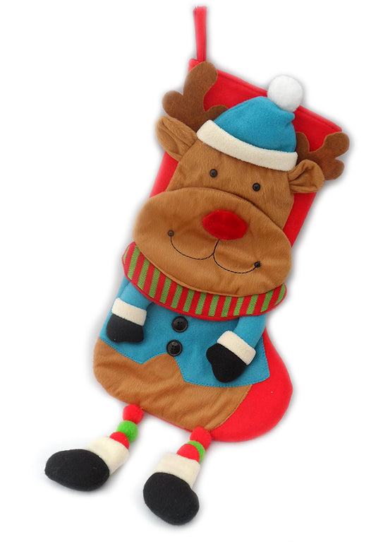 Plush Reindeer Christmas Stocking with Dangly Feet, Large Felt Xmas Decoration 60cm