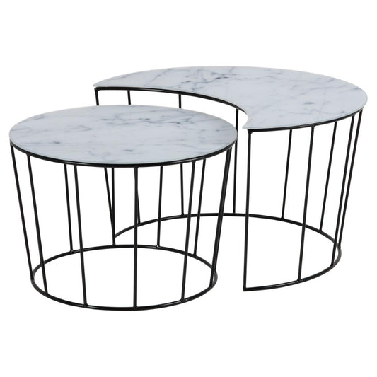 Sun Moon Space Saving Designer Coffee Table In White Marble Glass 76x45cm And 58x40cm
