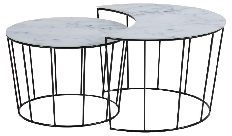 Sun Moon Space Saving Designer Coffee Table In White Marble Glass 76x45cm And 58x40cm