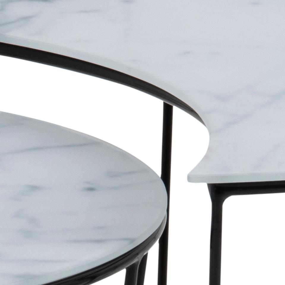 Sun Moon Space Saving Designer Coffee Table In White Marble Glass 76x45cm And 58x40cm