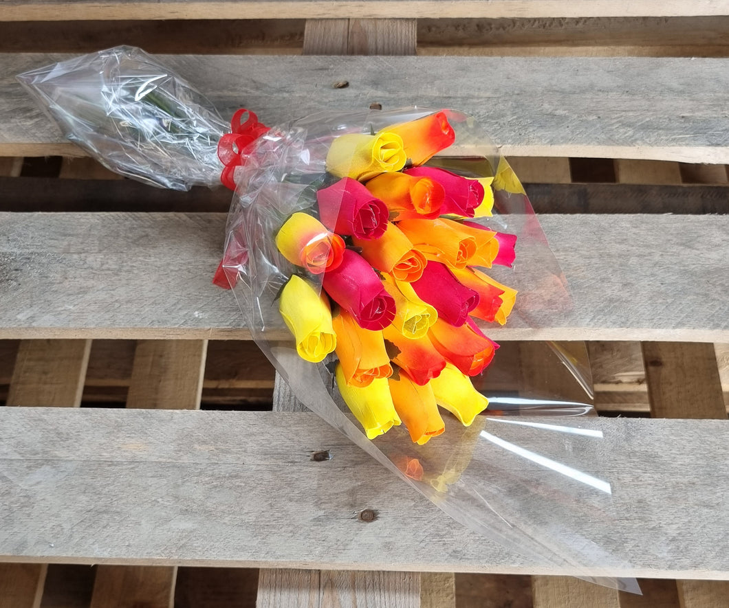 Bouquet Of 24 Mixed Yellow and Red Wooden Roses - Sunset