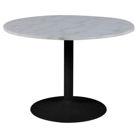 Round dining table with a white marble top and black metal base.