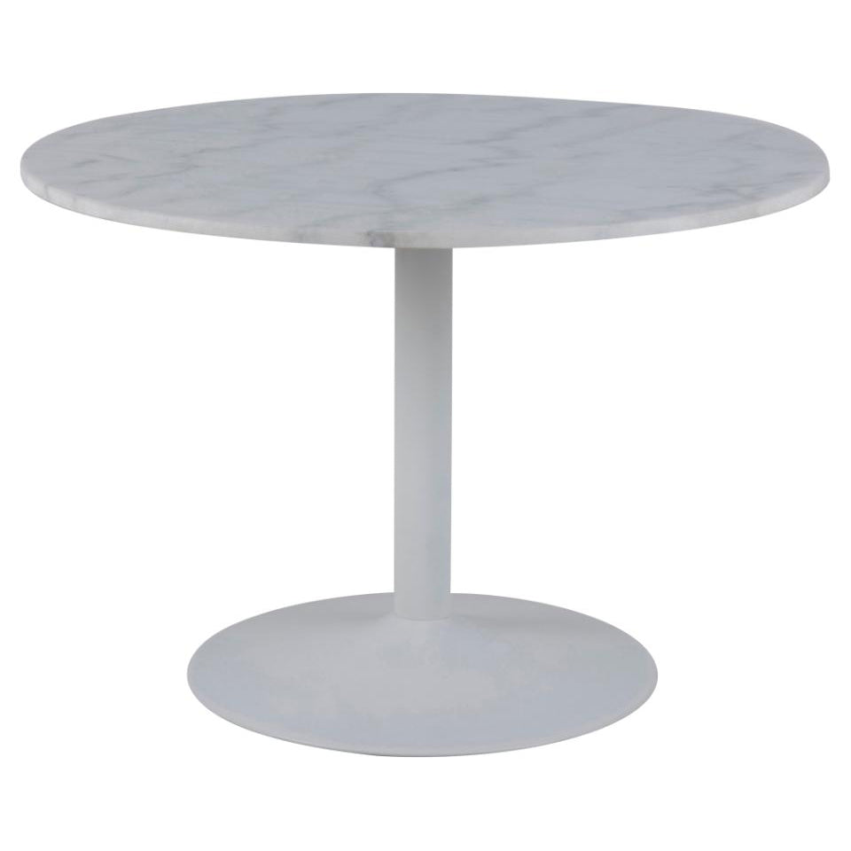 a round white marle dining table with a white metalbase on a white background