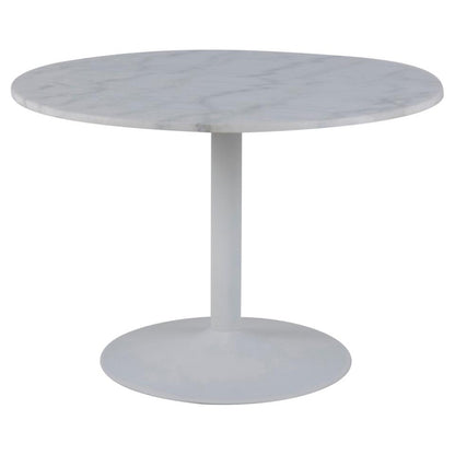 a round white marle dining table with a white metalbase on a white background