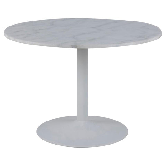 a round white marle dining table with a white metalbase on a white background