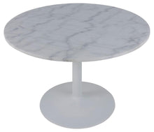 Load image into Gallery viewer, Tarifa Solid Marble Dining Table 110cm Round White Top With Powder Coated White Metal Base
