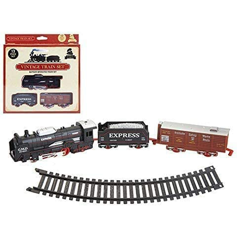 Traditional Toy Train Set Battery Operated Railway Express Vintage Train, Tracks And Working Headlight 13 Piece Set in Gift Box.