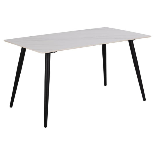 A rectangular dining table with a white ceramic marble print top and black metal base.