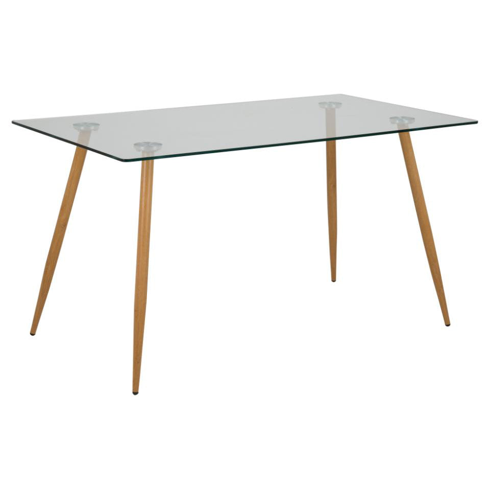 Wilma Modern Dining Table Clear Glass With Oak Or Black Metal Legs 140 x 80 cm