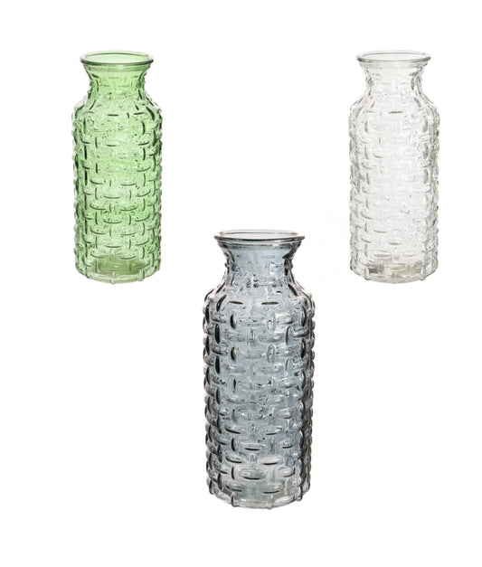 Bottle Shaped Vase Woven Texture Glass For Flowers, Stems or Floral Bouquet 25cm x 6cm, Clear, Smoked, Charcoal Or Green